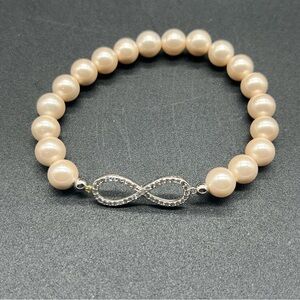 Pearl Bead Stretch Bracelet Infinity CZ Silver Tone Elegant Gift 7.5”